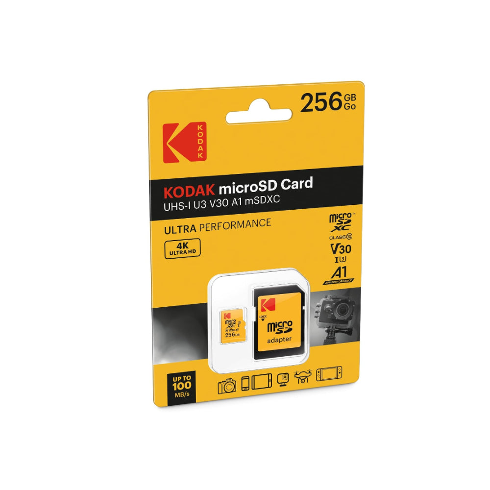 Kodak Ultra MicroSD Memory Card SDHC 256GB - Up to 100MB/s [Read Speed] - Up To 95MB/s [Write Speed] + SD Adapter, EKMSDM256GXC10HPRK
