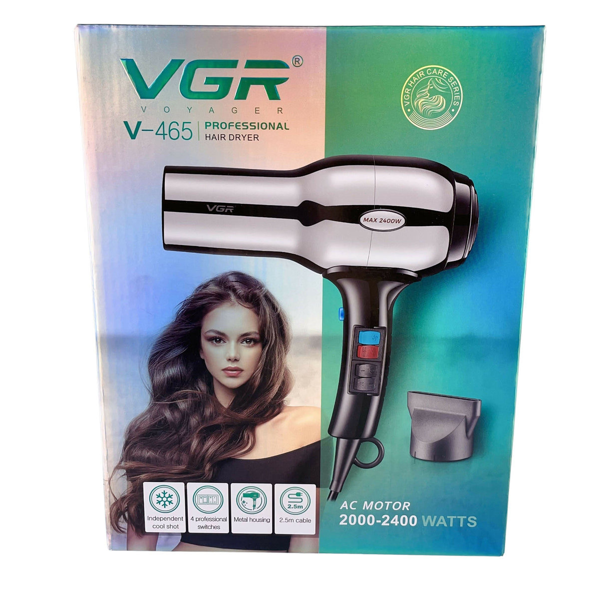 V-465 Hair Dryer 20000-2400W for Smooth & Healthy Finish Perfect Drying Power with Negative Ion Technology, Multiple Heat & Speed Settings, Integrated Attachments for Fast and Efficient Hair Styling