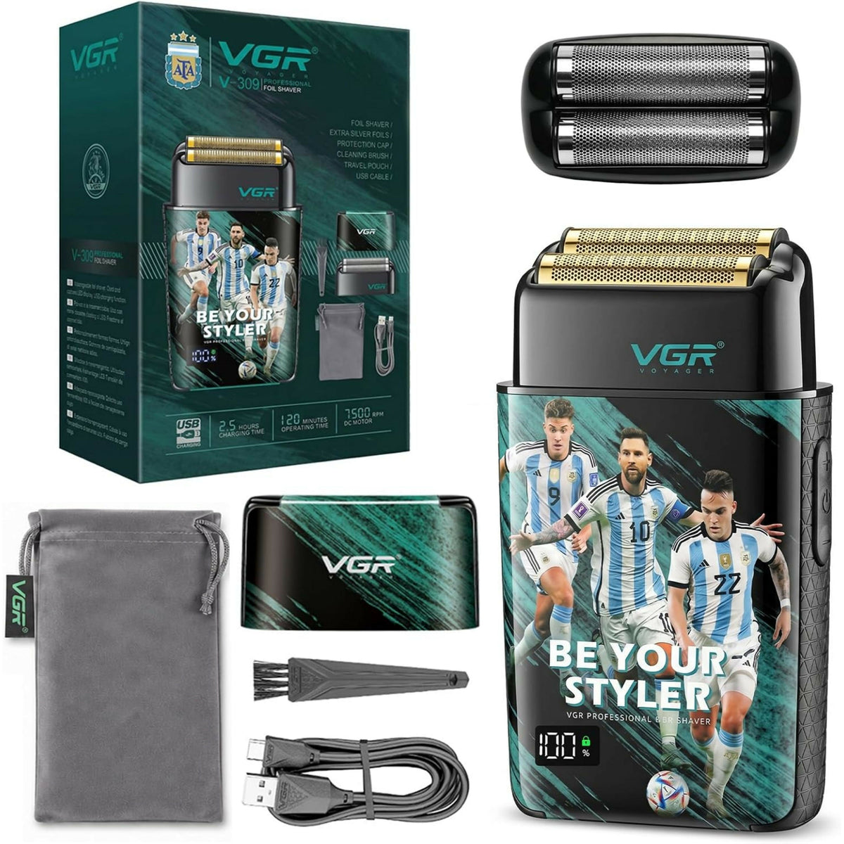 VGR 309 Dual Flexing Foil Shaver for Bald Men with 3-Speed IPX6 Wet&Dry Use, Rechargeable Razor, Travel Lock, Titanium Foils, 1200mAh battery, Cordless Shaver for Beard, Bald Head, Neck