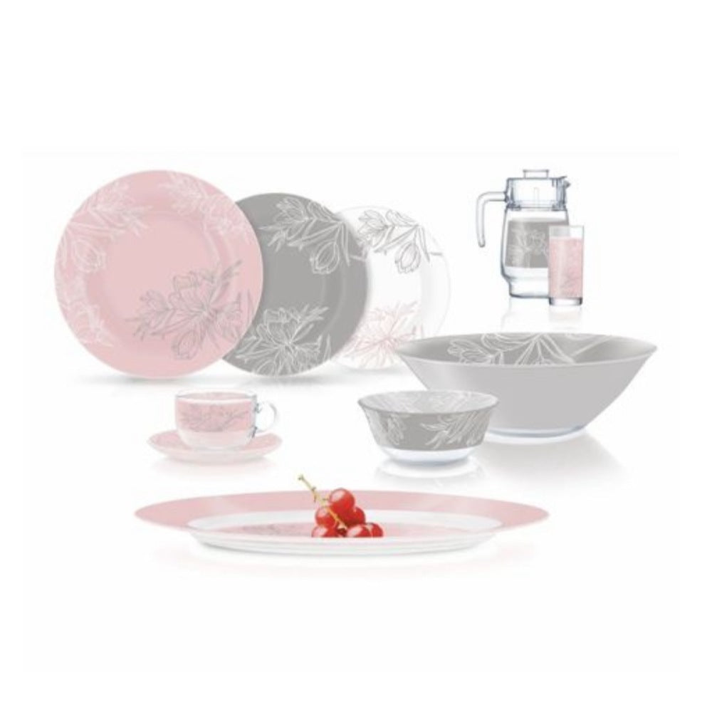 Luminarc, Fleur Blsuh Pink & Grey Dinner Set 46 Pieces Glass Tableware