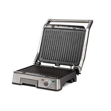 G3Ferrari 2200W Contact Grill, Nonstick Stonelike Cooking Plates, Wide Anti Burn Handle, Removable Plates - Easy Cleaning, Oil Dripping Container, 2 Lights And Temperature, Stainless Steel, Plates Dimensions 29x23cm With 180 Degrees Book Opening, G10185