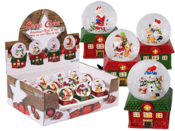 Out Of The Blue, Polyresin Snow Globe, Christmas Figurines, On Green Or Red House.