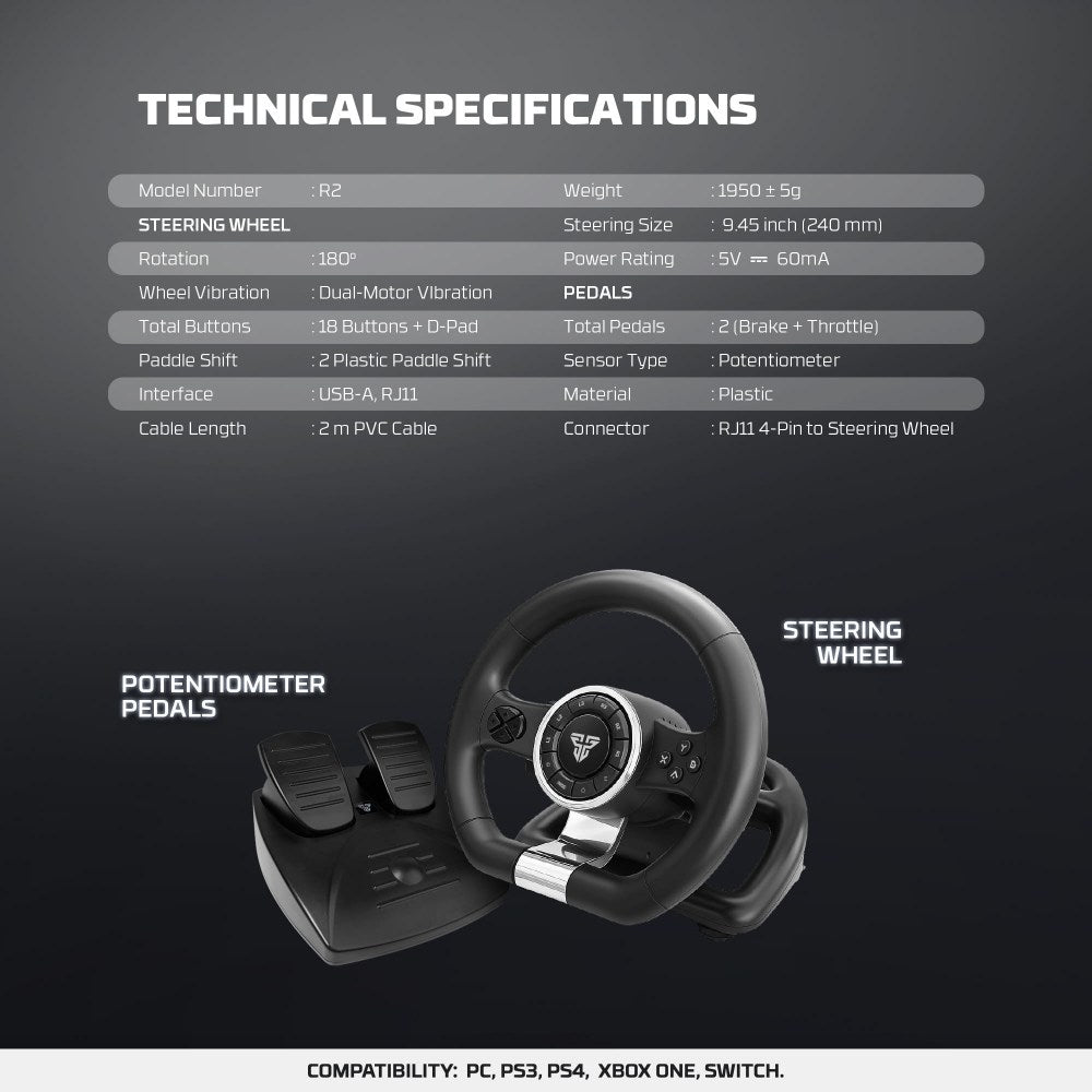 Fantech, R2 Racing Steering Wheel With Analog Pedals ? 180? Rotation, Dual Vibration For Pc, Ps4, Ps3, Xbox One & Switch