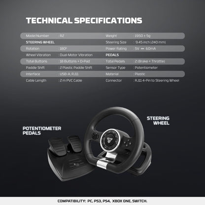 Fantech, R2 Racing Steering Wheel With Analog Pedals ? 180? Rotation, Dual Vibration For Pc, Ps4, Ps3, Xbox One & Switch