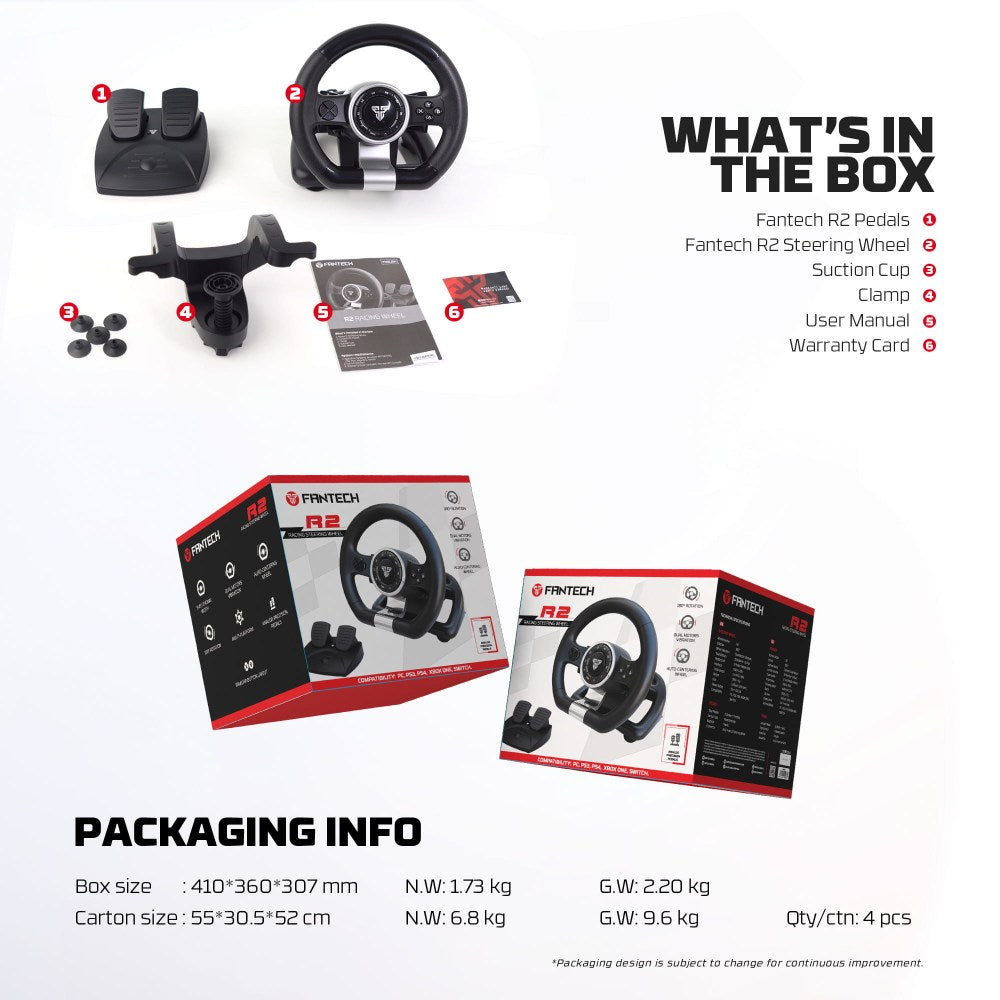 Fantech, R2 Racing Steering Wheel With Analog Pedals ? 180? Rotation, Dual Vibration For Pc, Ps4, Ps3, Xbox One & Switch