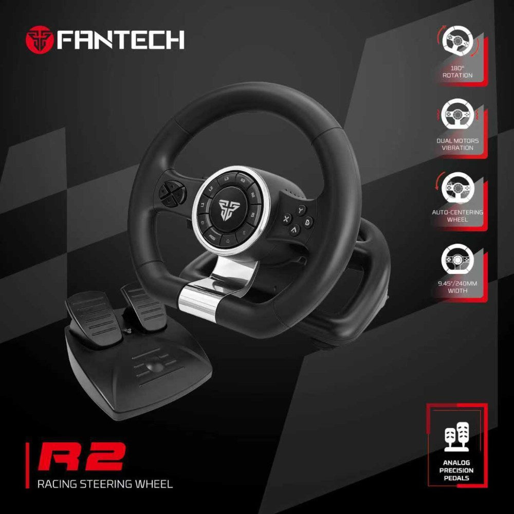 Fantech, R2 Racing Steering Wheel With Analog Pedals ? 180? Rotation, Dual Vibration For Pc, Ps4, Ps3, Xbox One & Switch