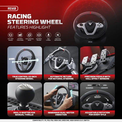 Fantech, R1V2 Professional 900? Racing Steering Wheel Bundle With Gear Shifter & Hall-Effect Pedals, Dual-Motor Vibration ? Compatible With Pc, Ps4, Xbox & Switch