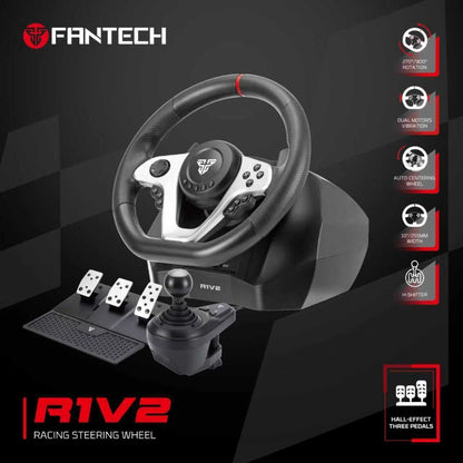 Fantech, R1V2 Professional 900? Racing Steering Wheel Bundle With Gear Shifter & Hall-Effect Pedals, Dual-Motor Vibration ? Compatible With Pc, Ps4, Xbox & Switch
