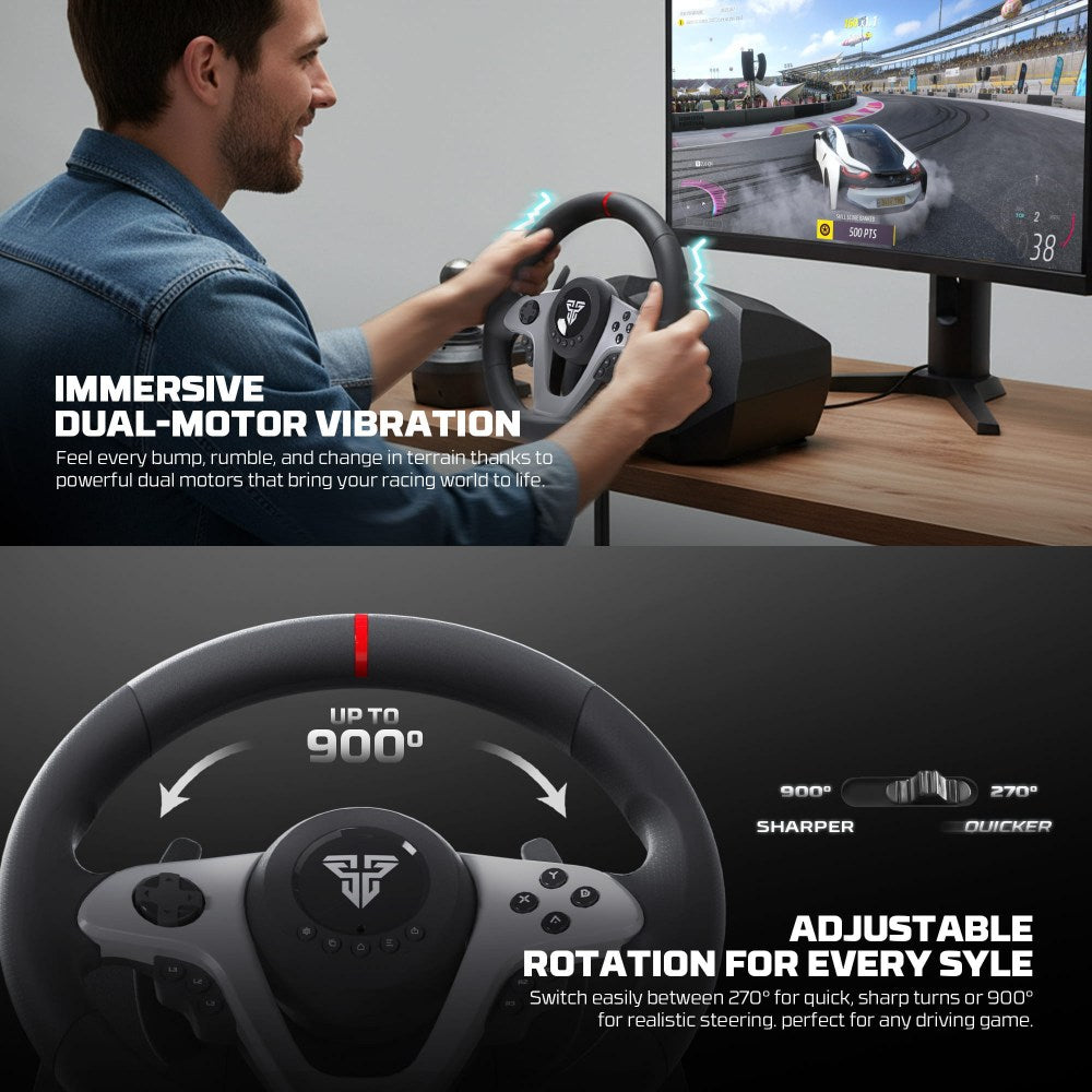 Fantech, R1V2 Professional 900? Racing Steering Wheel Bundle With Gear Shifter & Hall-Effect Pedals, Dual-Motor Vibration ? Compatible With Pc, Ps4, Xbox & Switch