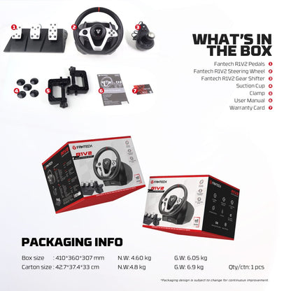 Fantech, R1V2 Professional 900? Racing Steering Wheel Bundle With Gear Shifter & Hall-Effect Pedals, Dual-Motor Vibration ? Compatible With Pc, Ps4, Xbox & Switch
