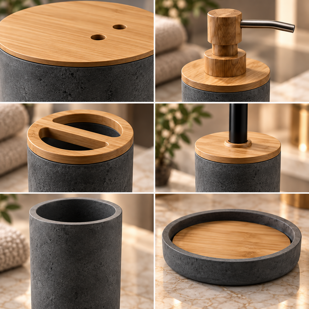 TERRA – 6-Piece Bathroom Charcoal Grey & Bamboo Accessories Set | YC-20
