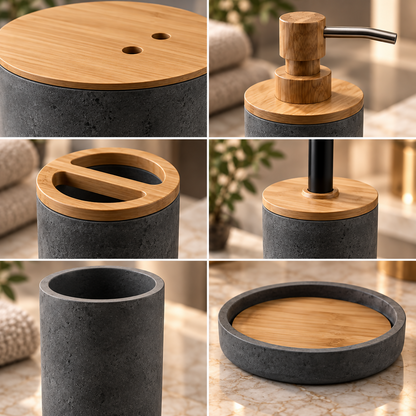 TERRA – 6-Piece Bathroom Charcoal Grey & Bamboo Accessories Set | YC-20