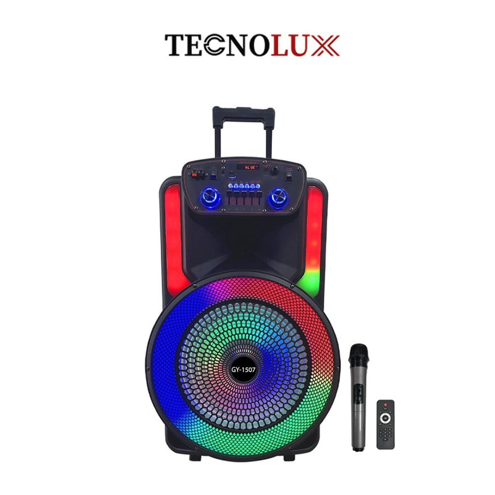 Technolux, 12' 3600Mah 5.0 Treble, Echo, Bass & Delay Control Portable Bluetooth Speaker With Telescoping Handle, Wheels, 1 Wireless Microphone, Remote Controller, Fm & Aux (W42 X D35 X H68)Cm Gy-1207