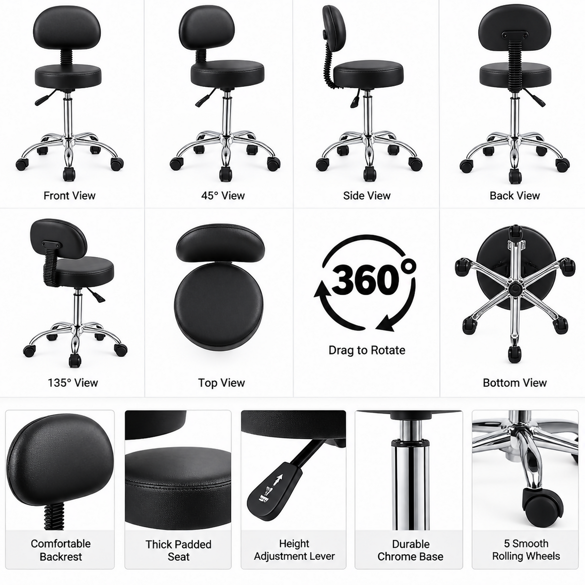 Swivel Spa Massage Stool Adjustable Height Adjustable Salon Stool with Backrest