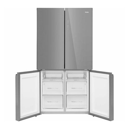 Haier Fridge No Frost 4 Doors Inverter, 3 Shelves, Multi Air Flow, 6 Drawers, Freezer, Ice Cube Tray, Wine Rack For 3 Bottles, R600A Grey Glass, HAE-HTF540DGG7