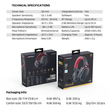 Fantech, Whg02 Pro Harmony: Tri Mode Bluetooth, Wired, Usb Wireless Headset, Up To 90 Hours Playback