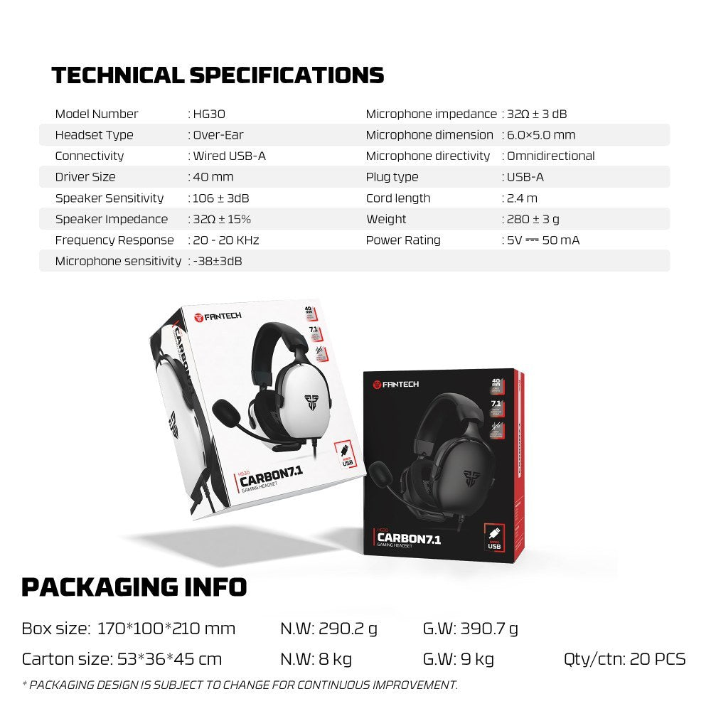 Fantech, Hg30 Carbon Usb 7.1 Virtual Surround Sound Gaming Headset, Crystal-Clear & Powerful Sound, Available in Different Colors