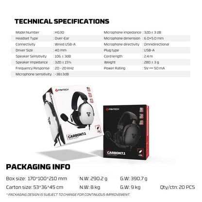Fantech, Hg30 Carbon Usb 7.1 Virtual Surround Sound Gaming Headset, Crystal-Clear & Powerful Sound, Available in Different Colors
