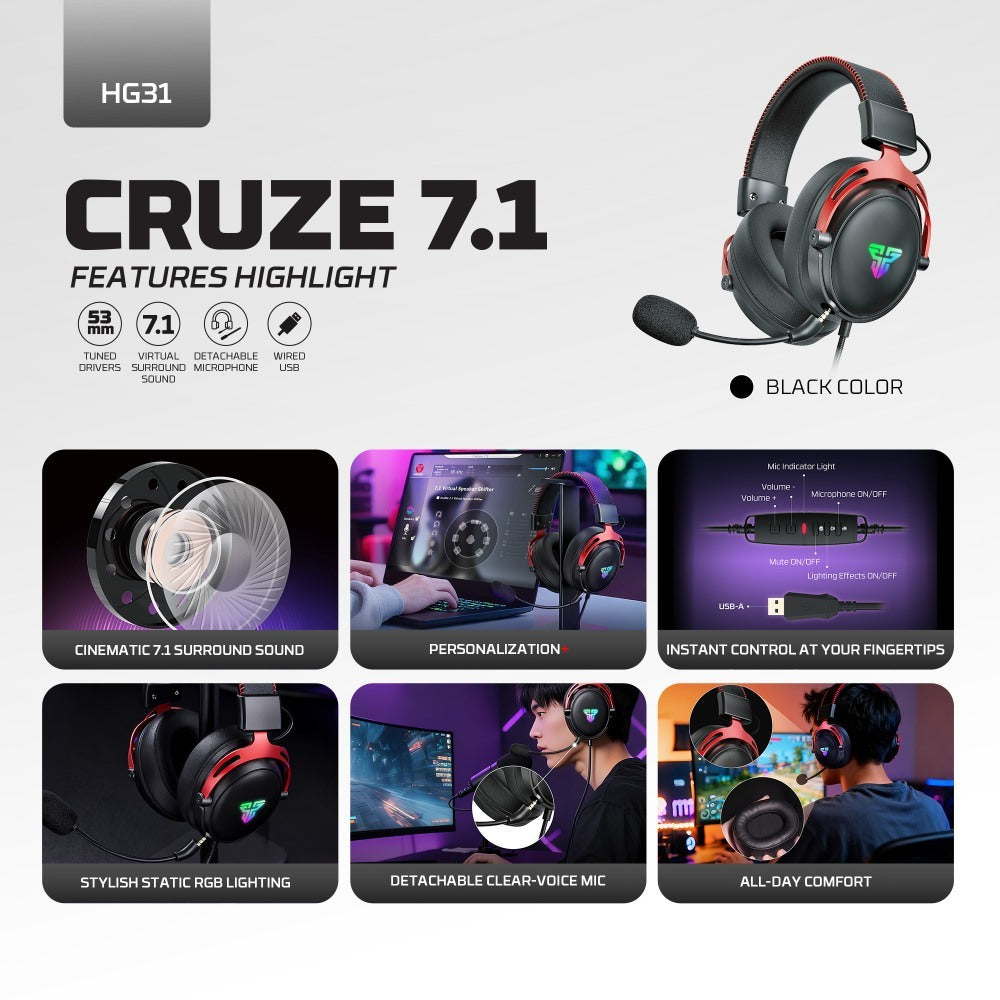 Fantech, Hg31 Cruze Immersive Cinematic Usb Gaming Headset With 7.1 Virtual Surround, Rgb Lighting