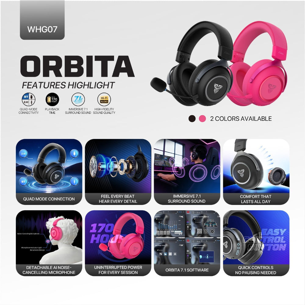 FANTECH ORBITA WHG07 Orbita 7.1 Wireless Gaming Headset: 170H Battery, AI Noise Canceling Mic, Quad-Mode Bluetooth