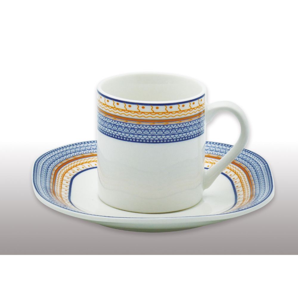 Zenit, New Bone China 12Pc Coffee Set / Assorted With Heba02/Set(Blue And Yellow Design Round Border)
