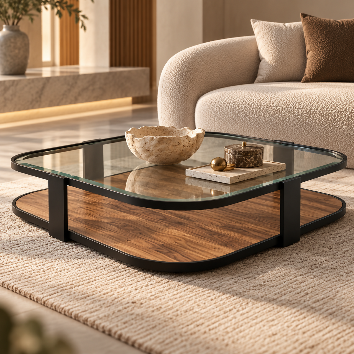 Luna Glass & Walnut Coffee Table | S08