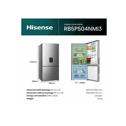 Hisense Fridge Bottom Freezer 605L - 80cm Nofrost Water Dispenser [Silver], HSN-RB5P504