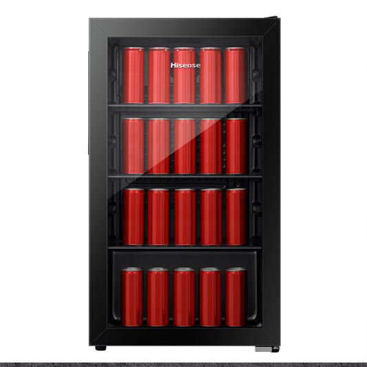 Hisense Beverage Cooler Glass Door, 4.5CFt, 69 Cans, 113 Bottles, 122L - [Silver] - HxWxD: 83.5x44.8x47.5cm