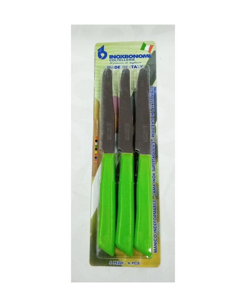 Inox Bonomi, Bls 6 Pcs Table Kinife Cm. 11 Green Italian Knives