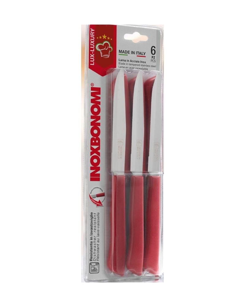 Inox Bonomi, Bls. 6 Steak Knife Cm. 11 Red Italian Knives