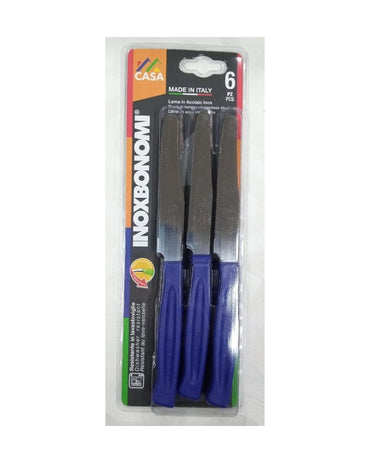 Inox Bonomi, Serie Casa Biv 6 Table Knife Cm. 11 Blue Italian Knives