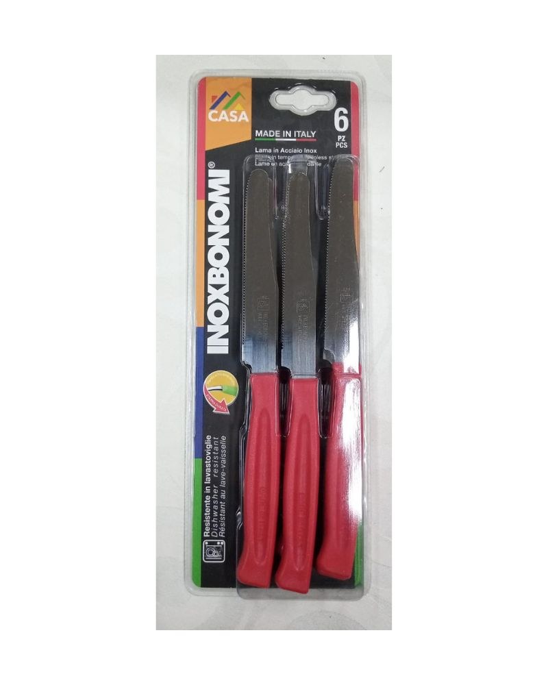 Inox Bonomi, Serie Casa Biv 6 Table Knife Cm. 11 Red Italian Knives