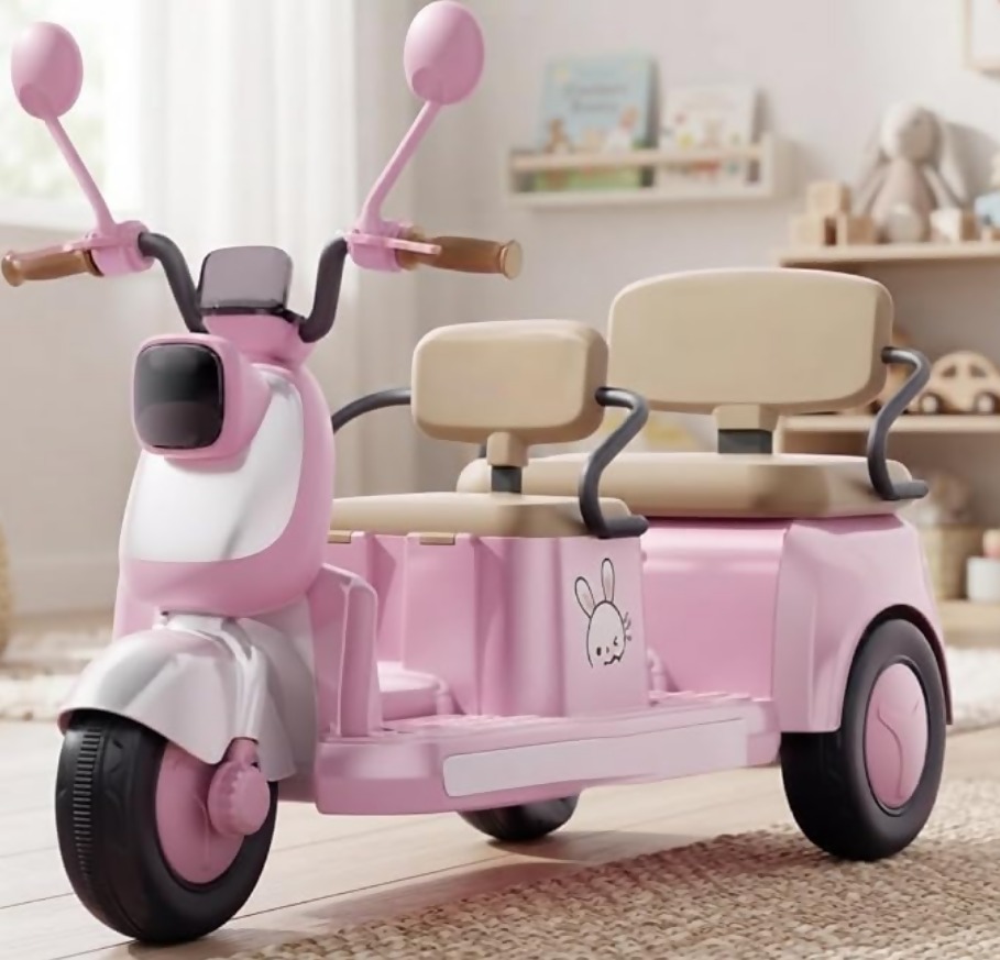 2-Seater Kids Electric Scooter Tricycle – 12V Battery, LED Lights & Music (Ages 3–8)