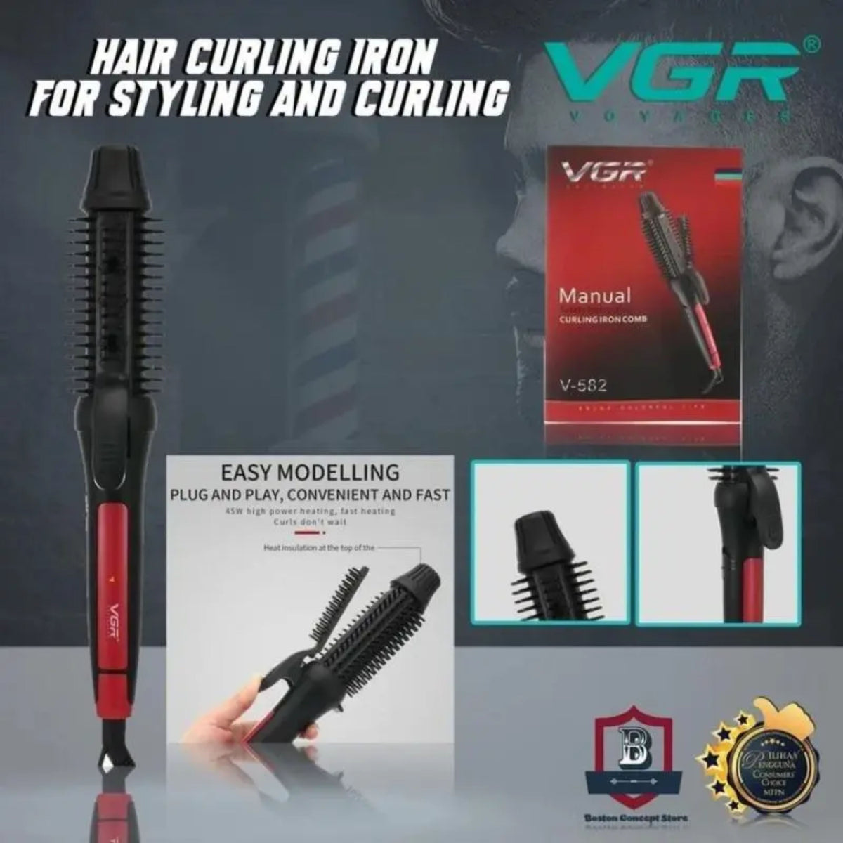 VGR V-582 Professional Original Heated Hair Brush, High Gloss Ceramic Handle Hot Bristle 19mm