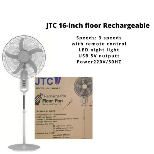 JTC, Up to 25 Hours On Battery, 16' Rechargeable Floor Fan, Led Light,  Remote Control, 6 Speeds, AC/DC Operated, Built-in USB charger, Can Be Charged By Solar Panel