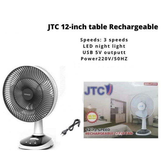 JTC, 12' Rechargeable Table Fan, Led Light, AC/DC Operated, UP to 15 Hours on Battery, Built-in USB charger, Can Be Charged By Solar Panel