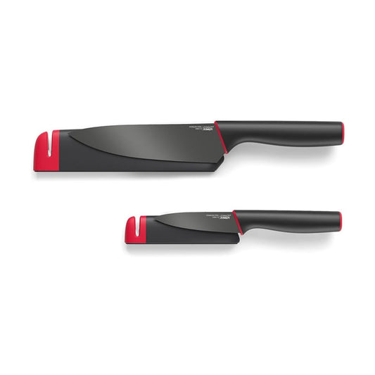 Joseph Joseph Knife Set Slice & Sharpen Red Black (2Pcs), Storage Cases Included, Silicone-Coated Blades And Comfortable, Ergonomic Handles, JOSE-10146