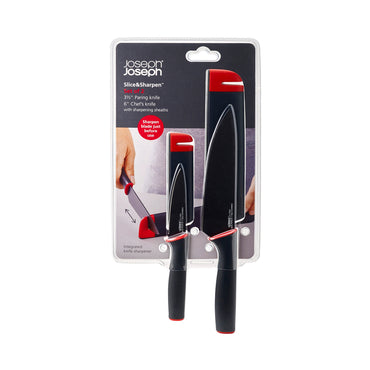 Joseph Joseph Knife Set Slice & Sharpen Red Black (2Pcs), Storage Cases Included, Silicone-Coated Blades And Comfortable, Ergonomic Handles, JOSE-10146