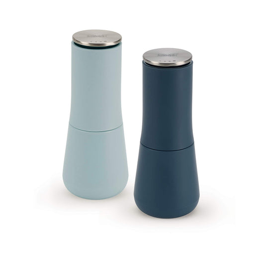 Joseph Joseph Milltop Non-Spill Salt And Pepper Mill 2-Piece Set, Refillable With Ceramic Grinder, Adjustable Grinding Size, Blue, JOSE-20157