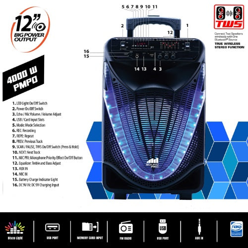Speaker K2-15 15Inch With Charger - Bluetooth - - Usb - Aux - Radio Card - Microphone - Remote