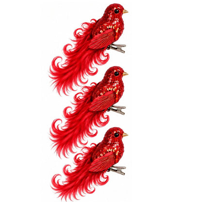 Set Of 3 Pcs Birds Curly On Clip Hanging Christmas Tree Decoration, Available in 3 Colors