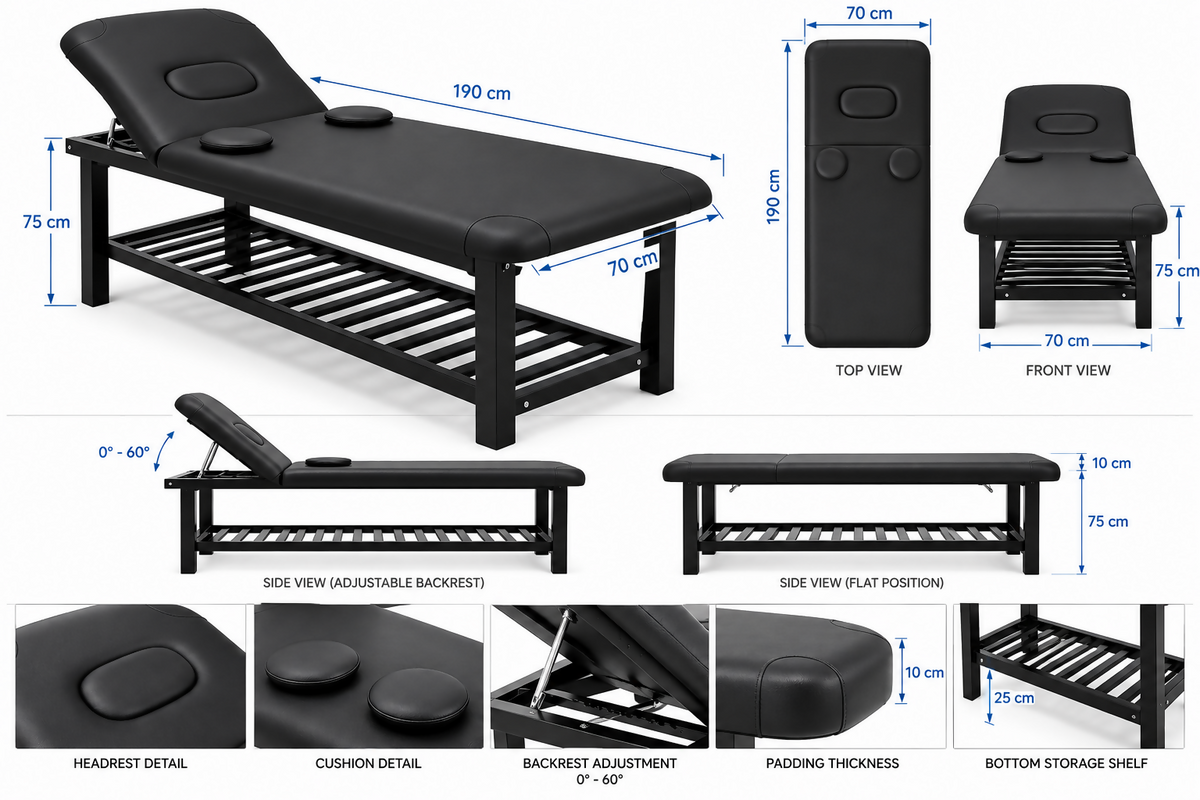 Professional Adjustable Massage & Esthetician Bed with Removable Headrest – Black