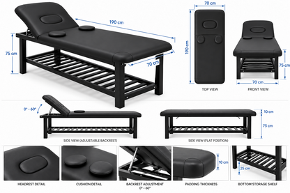 Professional Adjustable Massage & Esthetician Bed with Removable Headrest – Black