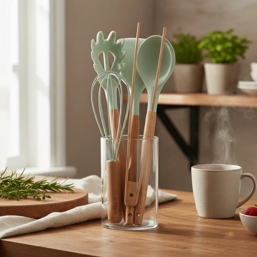 Karaca Aura 6-Piece Service Set - Natural Wood & Sage Green, 153.09.01.9393