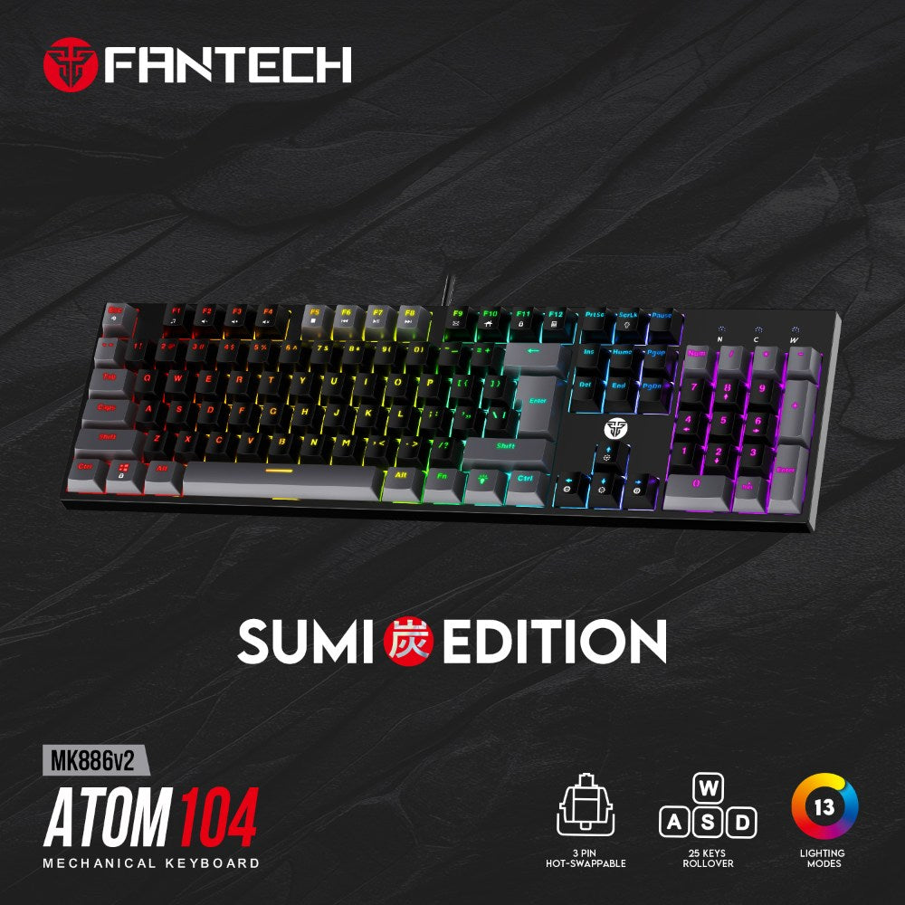 Fantech, Mk886V2 Atom104 Rgb Mechanical Keyboard Sumi Edition, Available in Different Colors