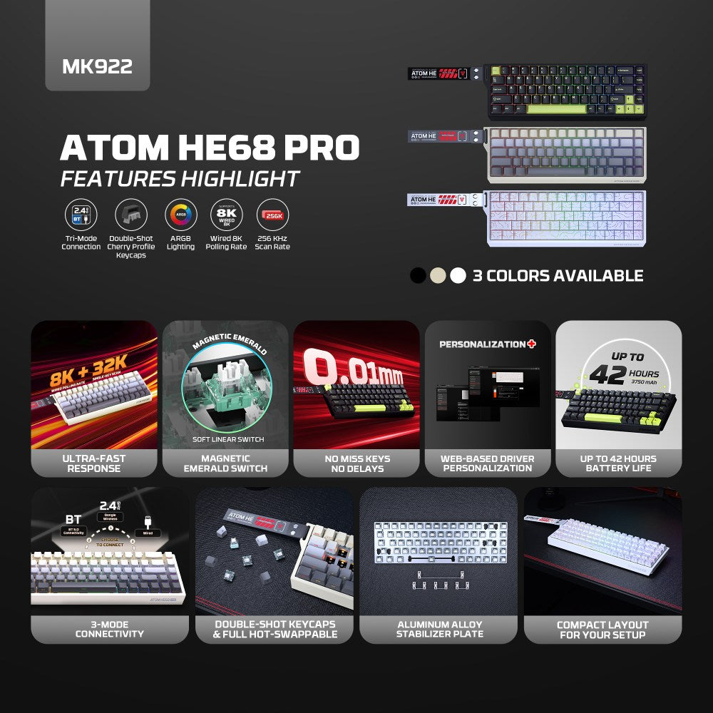 Fantech, Atom Pro He68 Mk922, High Precision Magnetic Switch Keyboard, 3 Modes: Bluetooth, Wireless & Wired, 8K Polling, Available in Different Colors