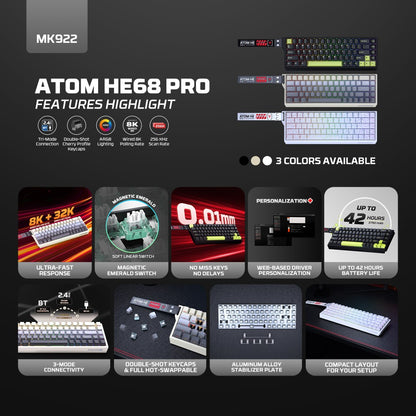 Fantech, Atom Pro He68 Mk922, High Precision Magnetic Switch Keyboard, 3 Modes: Bluetooth, Wireless & Wired, 8K Polling, Available in Different Colors