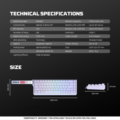 Fantech, Atom Pro He68 Mk922, High Precision Magnetic Switch Keyboard, 3 Modes: Bluetooth, Wireless & Wired, 8K Polling, Available in Different Colors