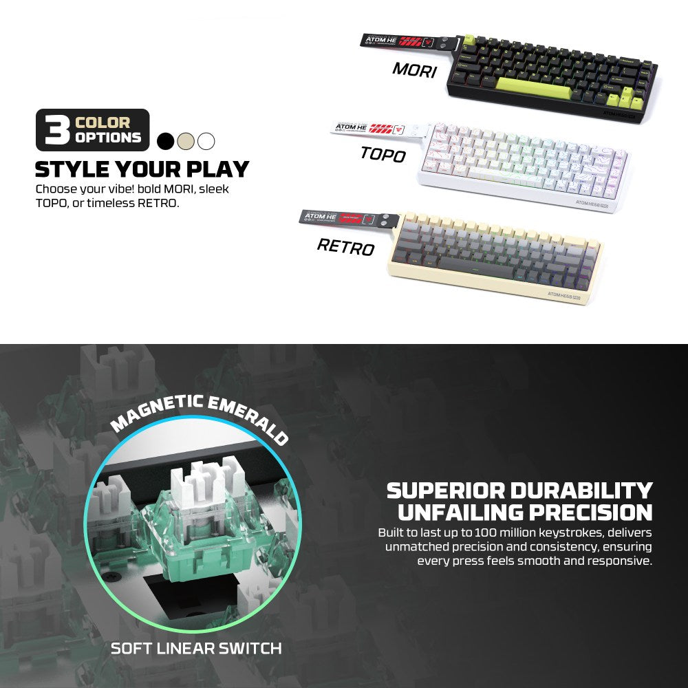 Fantech, Atom Pro He68 Mk922, High Precision Magnetic Switch Keyboard, 3 Modes: Bluetooth, Wireless & Wired, 8K Polling, Available in Different Colors