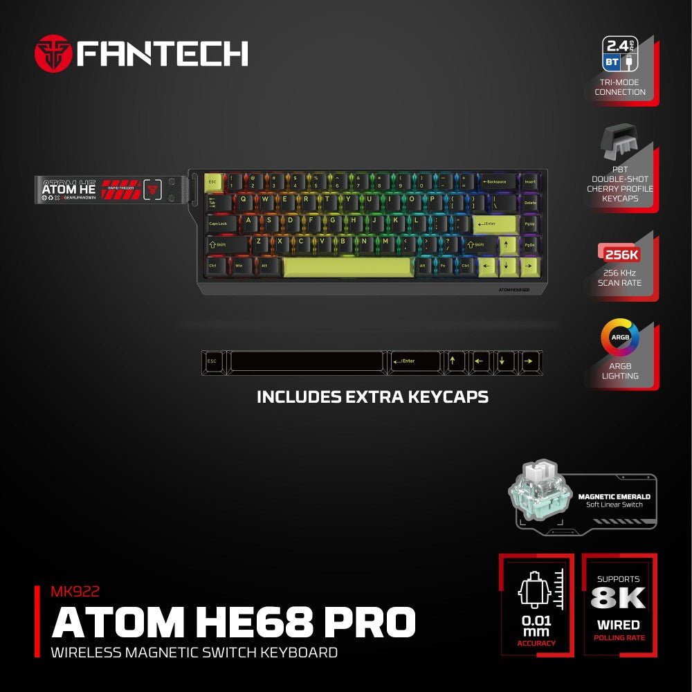 Fantech, Atom Pro He68 Mk922, High Precision Magnetic Switch Keyboard, 3 Modes: Bluetooth, Wireless & Wired, 8K Polling, Available in Different Colors